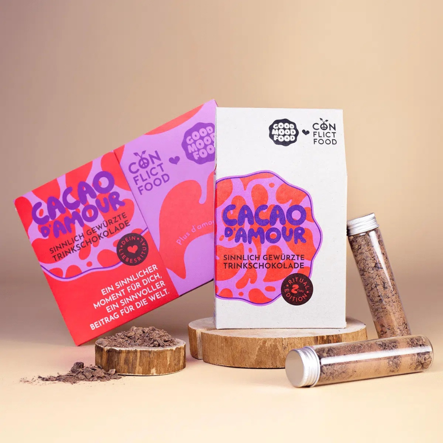 Friedenspäckchen Cacao D’Amour von Conflictfood – Verpackung mit Inhalt