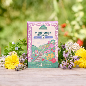 Saatgut-Set Wildblumen Klassiker von Die Stadtgärtner – Verpackung mit Wildblumen im Hintergrund