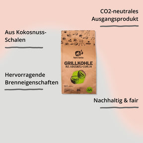 Grillkohle aus Kokosnuss-Schalen von Faire Kohle – Verpackung von vorne mit Impact