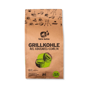 Grillkohle aus Kokosnuss-Schalen von Faire Kohle – Verpackung von vorne