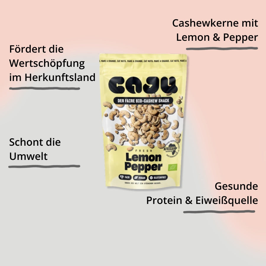 caju Cashews Lemon & Pepper – Verpackung von vorne mit Impact