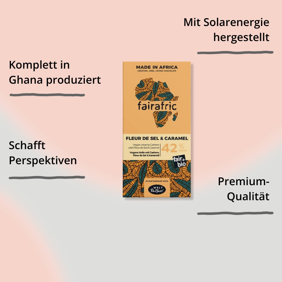 Vegane Schokolade mit Fleur de Sel & Karamell (42%) von fairafric – Verpackung von vorne mit Impact