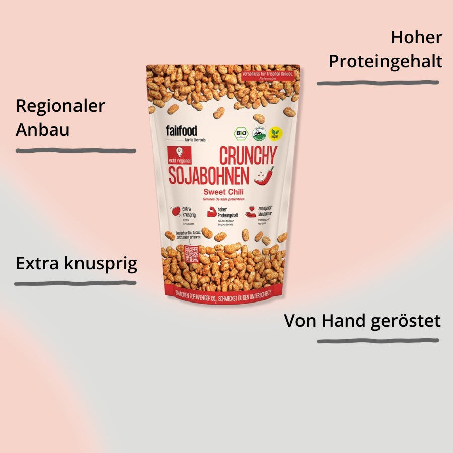 Crunchy Sojabohnen – Sweet Chili von fairfood  Verpackung mit Impact