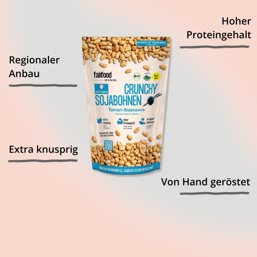 Crunchy Sojabohnen – Tamari-Sojasauce von fairfood Verpackung mit Impact