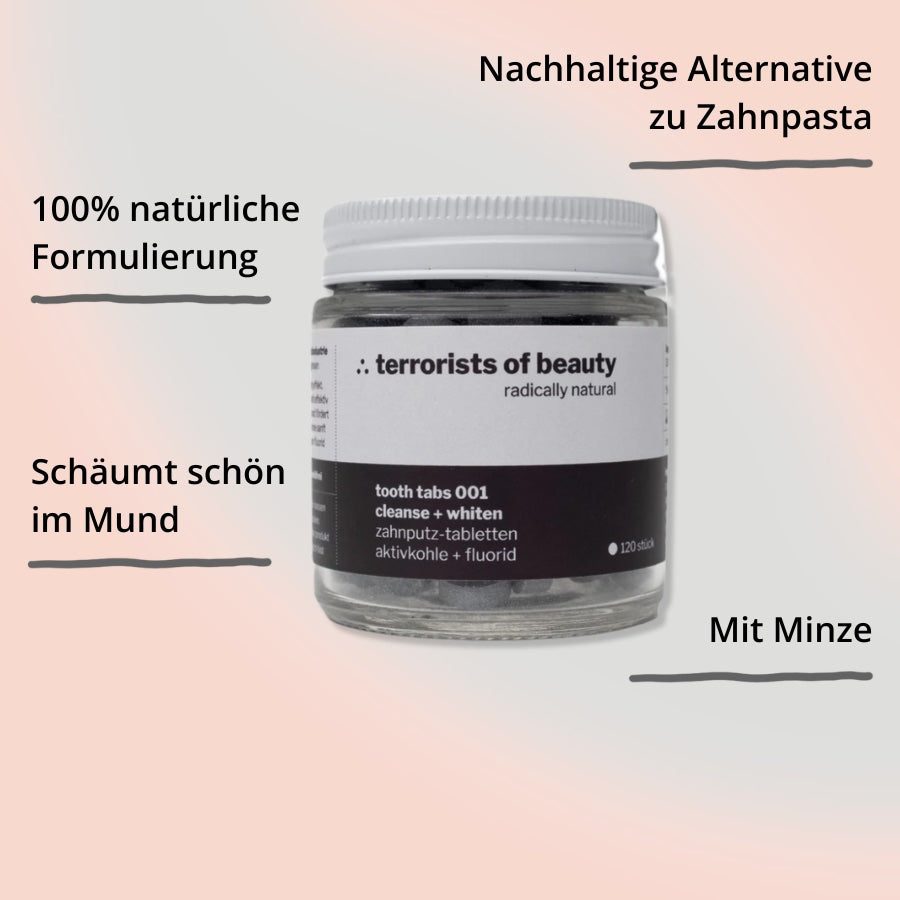 Zahnputztabletten – Natural Whitening von terreorists of beauty – Glas von vorne mit Impact